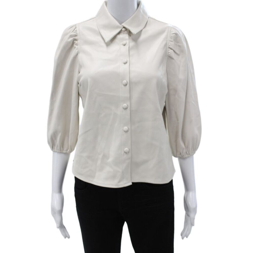 Lucy Paris Women Ivory Collared Button Basic Blouse 3/4 Sleeve Size XS